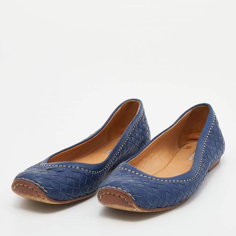 Pre Owned Bottega Veneta Blue Intrecciato Leather Ballet Flats Size 38.5