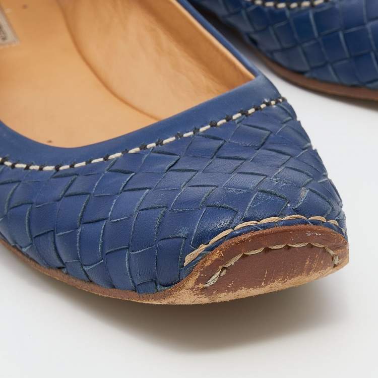Pre Owned Bottega Veneta Blue Intrecciato Leather Ballet Flats Size 38.5