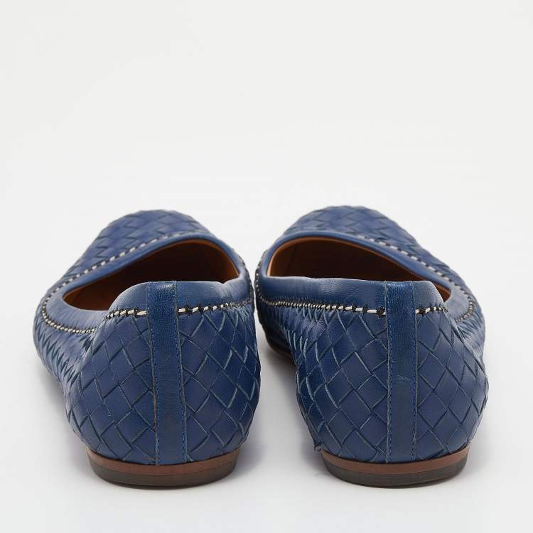 Pre Owned Bottega Veneta Blue Intrecciato Leather Ballet Flats Size 38.5