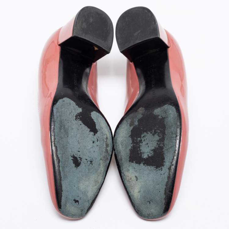 Pre Owned Bottega Veneta Pink Patent Leather Intrecciato Detail Block Heel Pumps Size 36.5