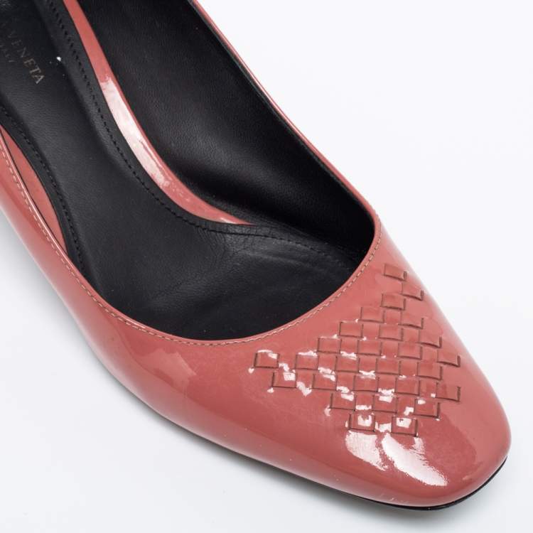 Pre Owned Bottega Veneta Pink Patent Leather Intrecciato Detail Block Heel Pumps Size 36.5