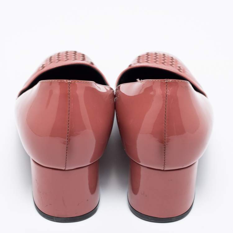 Pre Owned Bottega Veneta Pink Patent Leather Intrecciato Detail Block Heel Pumps Size 36.5