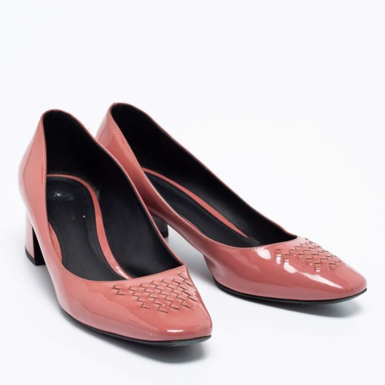 Pre Owned Bottega Veneta Pink Patent Leather Intrecciato Detail Block Heel Pumps Size 36.5