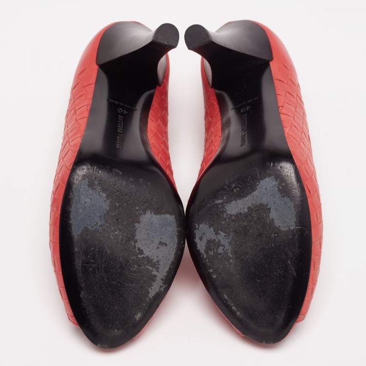 Pre Owned Bottega Veneta Orange Intrecciato Leather Peep Toe Platform Pumps Size 40
