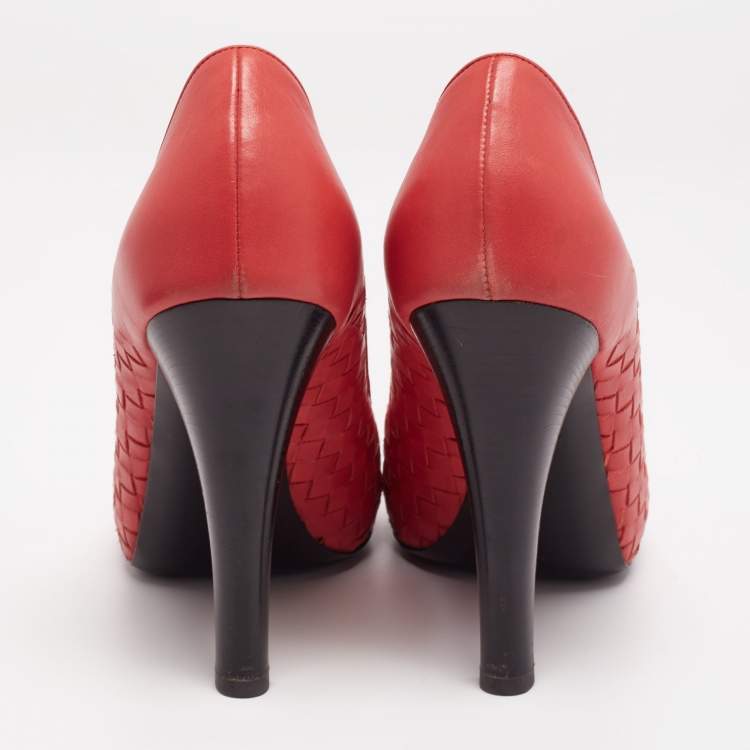 Pre Owned Bottega Veneta Orange Intrecciato Leather Peep Toe Platform Pumps Size 40
