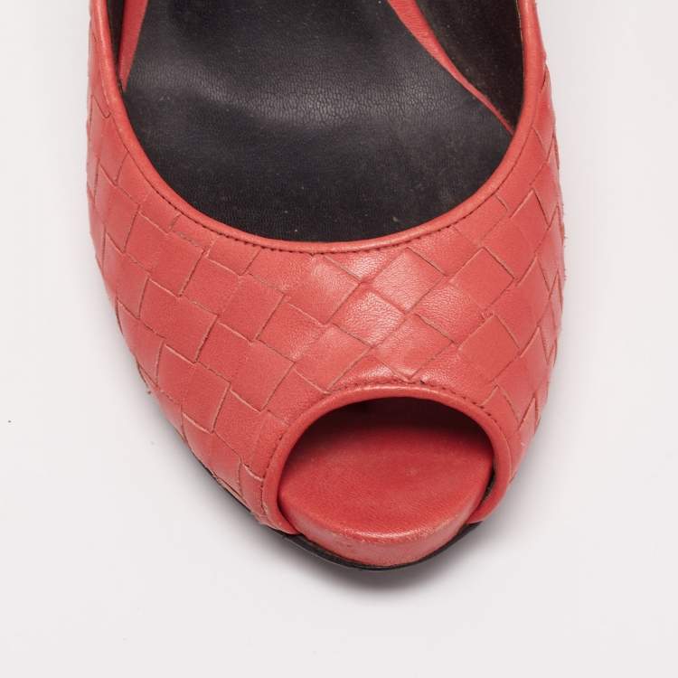Pre Owned Bottega Veneta Orange Intrecciato Leather Peep Toe Platform Pumps Size 40