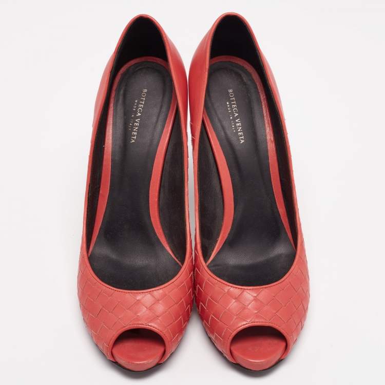 Pre Owned Bottega Veneta Orange Intrecciato Leather Peep Toe Platform Pumps Size 40