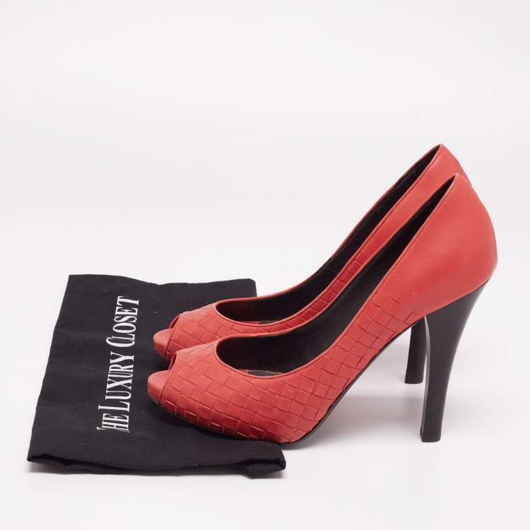 Pre Owned Bottega Veneta Orange Intrecciato Leather Peep Toe Platform Pumps Size 40