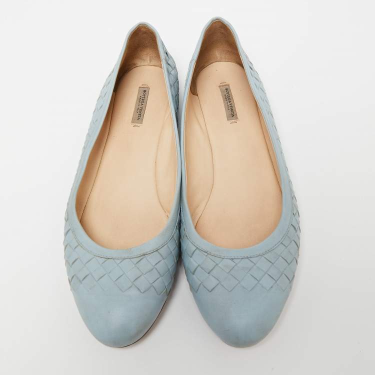 Pre Owned Bottega Veneta Blue Intrecciato Leather Ballet Flats Size 39