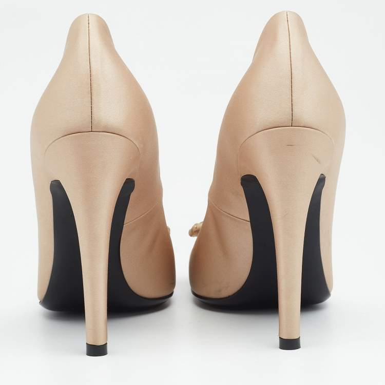 Pre Owned Bottega Veneta Beige Satin Embellished Pumps Size 37