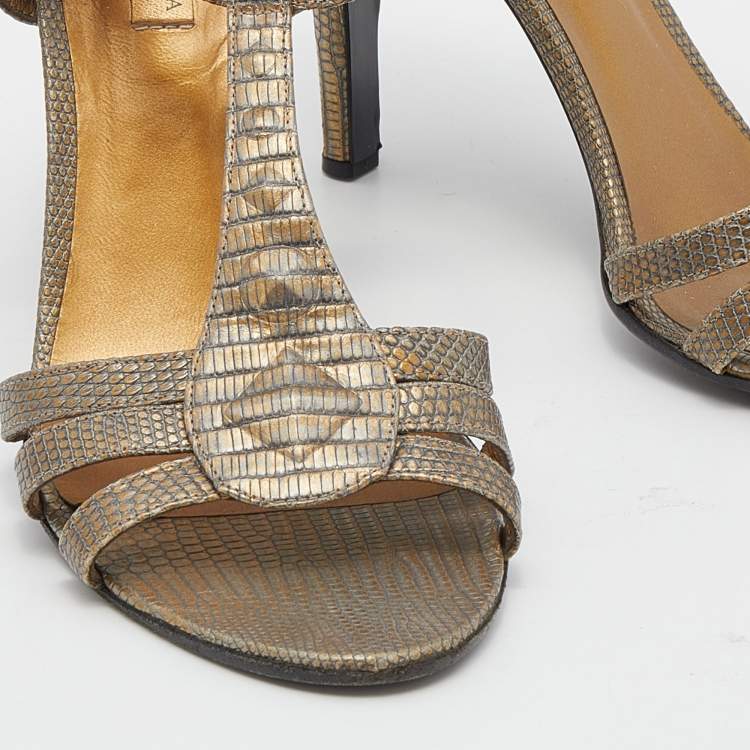 Pre Owned Bottega Veneta Grey/Gold Leather Ankle Strap Sandals Size 39