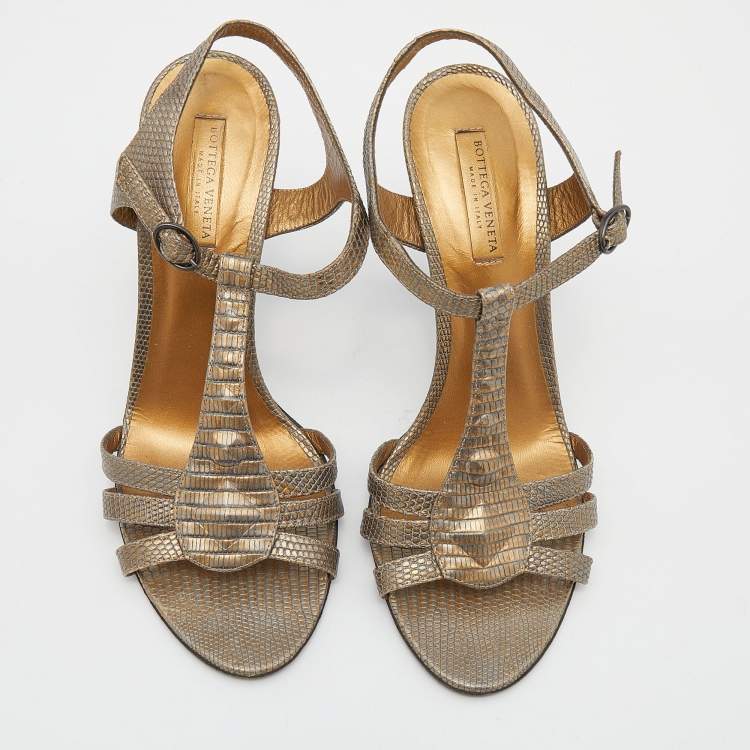 Pre Owned Bottega Veneta Grey/Gold Leather Ankle Strap Sandals Size 39
