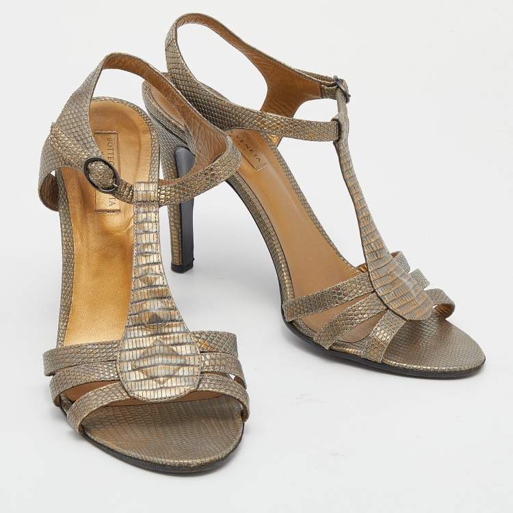 Pre Owned Bottega Veneta Grey/Gold Leather Ankle Strap Sandals Size 39