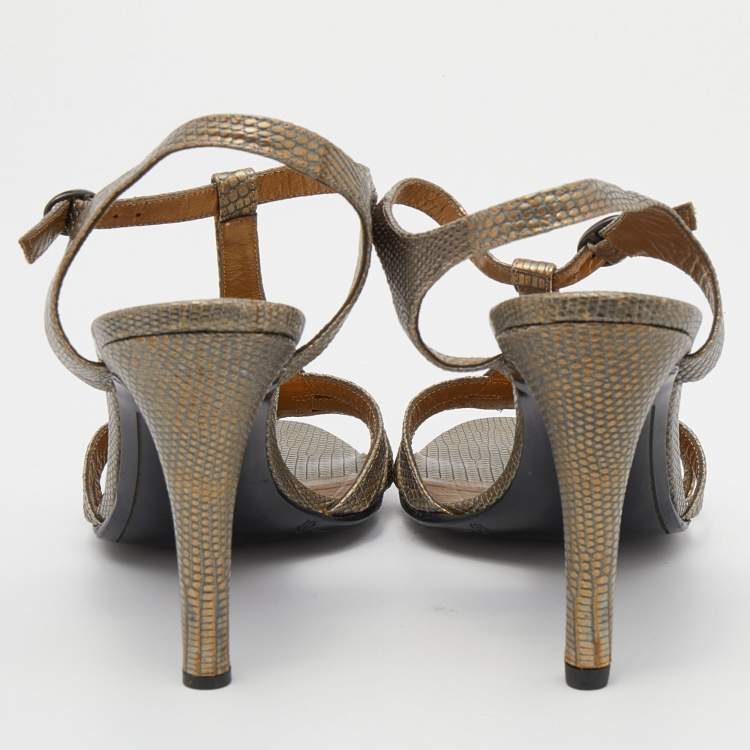 Pre Owned Bottega Veneta Grey/Gold Leather Ankle Strap Sandals Size 39