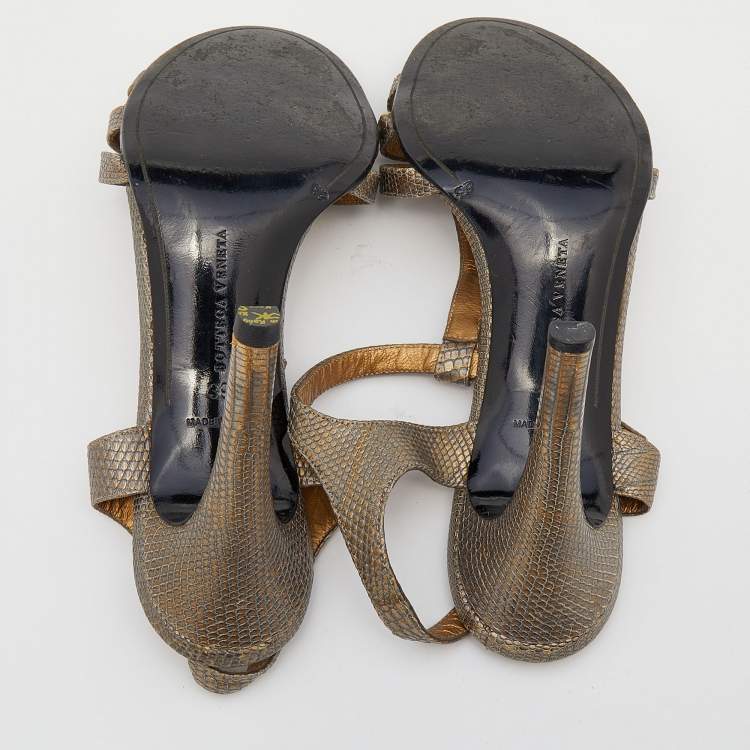 Pre Owned Bottega Veneta Grey/Gold Leather Ankle Strap Sandals Size 39