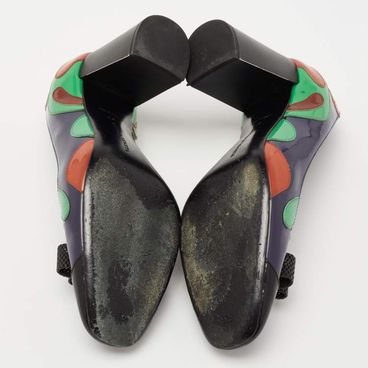 Pre Owned Bottega Veneta Multicolor Patent Leather Bow Block Heel Pumps Size 37
