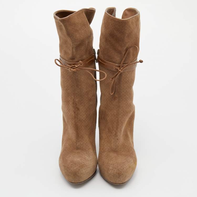 Pre Owned Bottega Veneta Brown Perforated Suede and Leather Mid Calf Boots Size 36.5