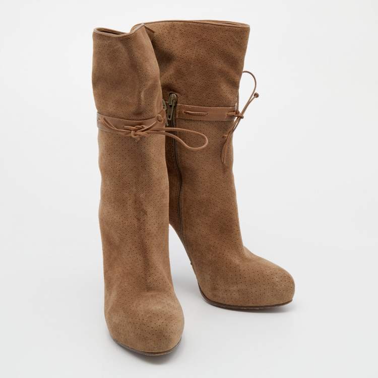 Pre Owned Bottega Veneta Brown Perforated Suede and Leather Mid Calf Boots Size 36.5