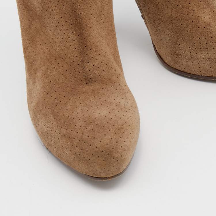 Pre Owned Bottega Veneta Brown Perforated Suede and Leather Mid Calf Boots Size 36.5