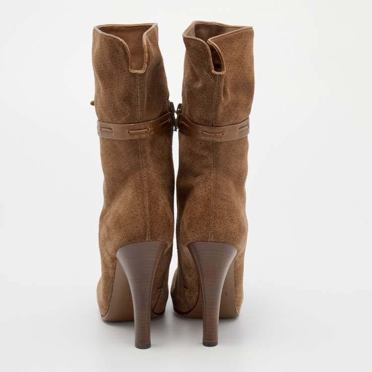 Pre Owned Bottega Veneta Brown Perforated Suede and Leather Mid Calf Boots Size 36.5