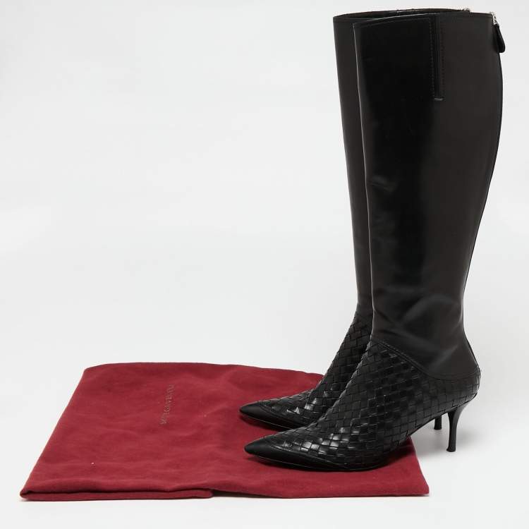 Pre Owned Bottega Veneta Black Leather Intrecciato Detail Knee High Boots Size 38