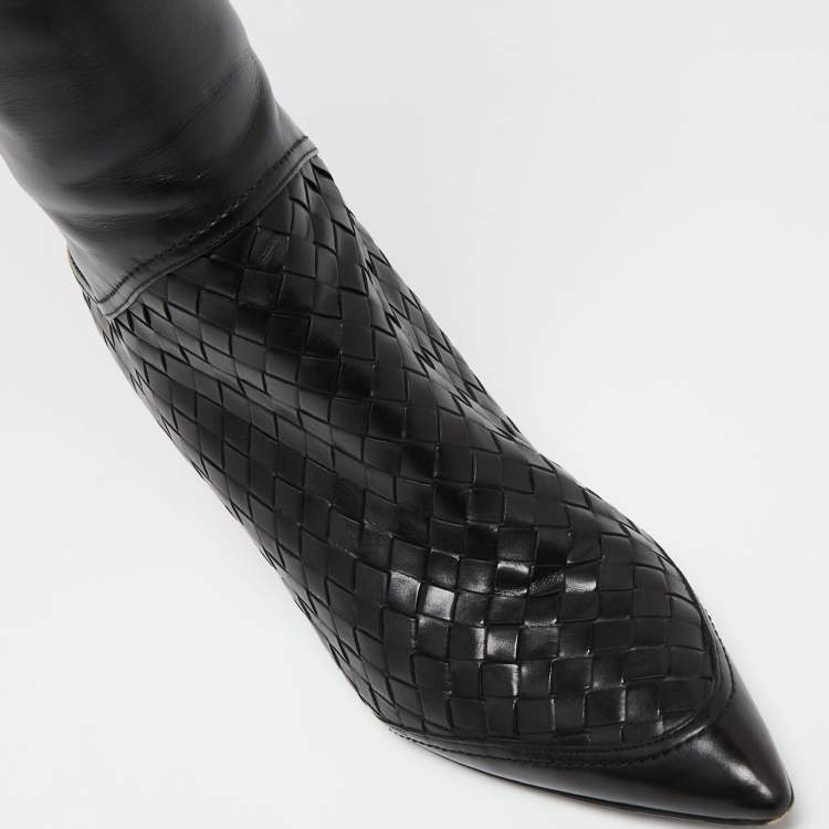 Pre Owned Bottega Veneta Black Leather Intrecciato Detail Knee High Boots Size 38