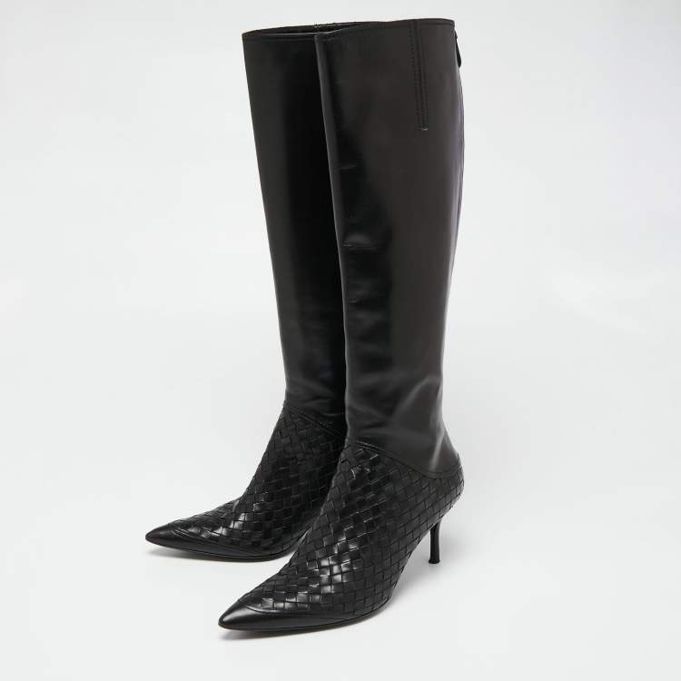 Pre Owned Bottega Veneta Black Leather Intrecciato Detail Knee High Boots Size 38