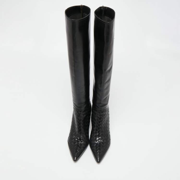 Pre Owned Bottega Veneta Black Leather Intrecciato Detail Knee High Boots Size 38