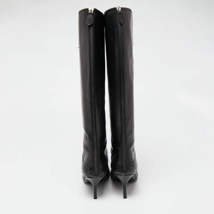 Pre Owned Bottega Veneta Black Leather Intrecciato Detail Knee High Boots Size 38