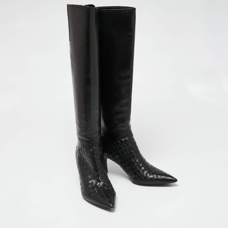 Pre Owned Bottega Veneta Black Leather Intrecciato Detail Knee High Boots Size 38