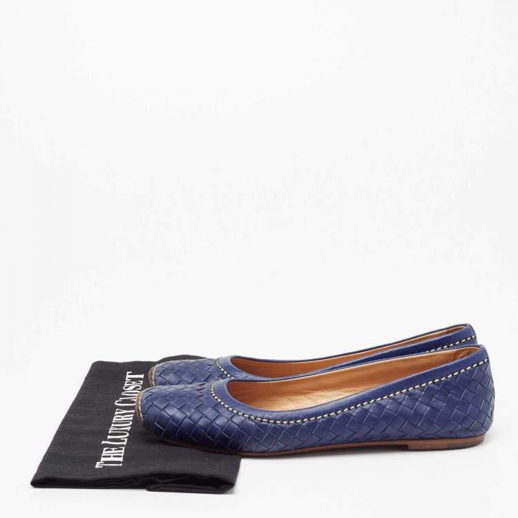 Pre Owned Bottega Veneta Indigo Blue Intrecciato Leather Ballet Flats  Size 39.5