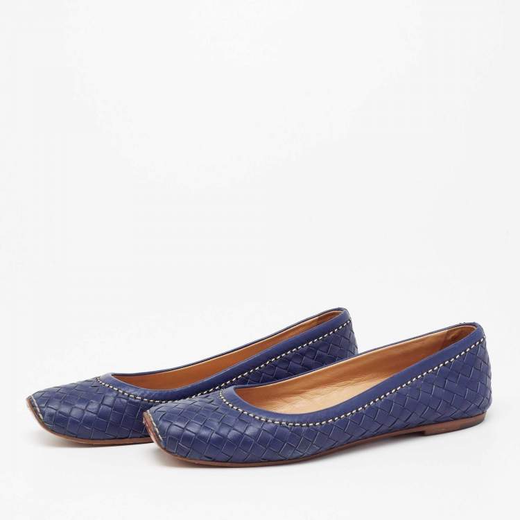 Pre Owned Bottega Veneta Indigo Blue Intrecciato Leather Ballet Flats  Size 39.5
