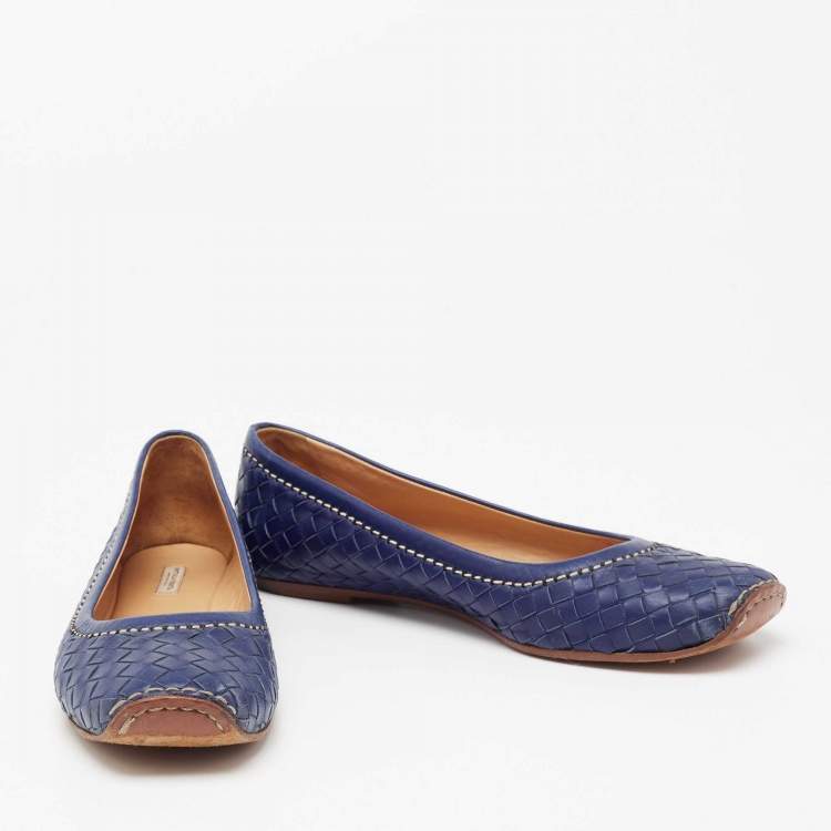 Pre Owned Bottega Veneta Indigo Blue Intrecciato Leather Ballet Flats  Size 39.5