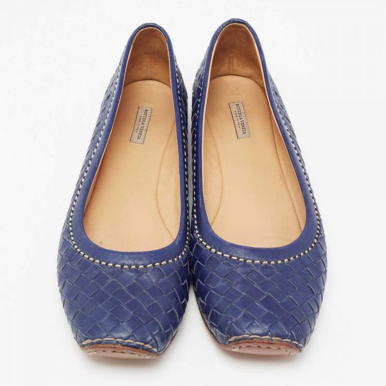 Pre Owned Bottega Veneta Indigo Blue Intrecciato Leather Ballet Flats  Size 39.5
