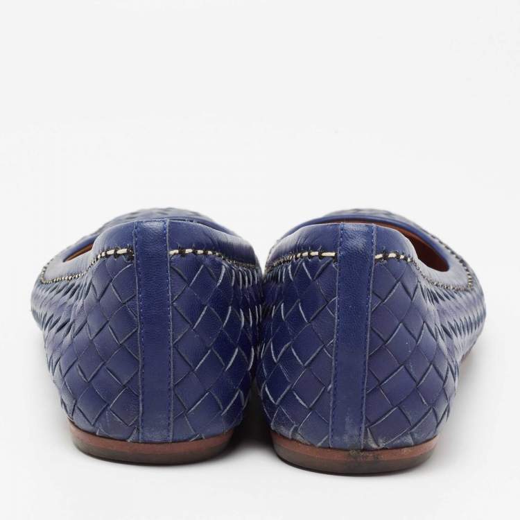 Pre Owned Bottega Veneta Indigo Blue Intrecciato Leather Ballet Flats  Size 39.5