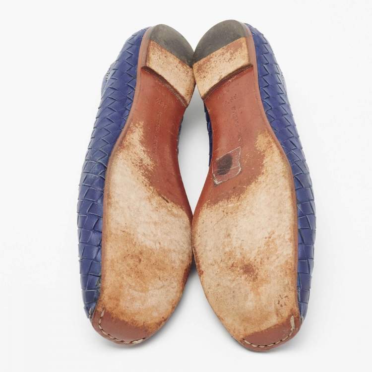 Pre Owned Bottega Veneta Indigo Blue Intrecciato Leather Ballet Flats  Size 39.5