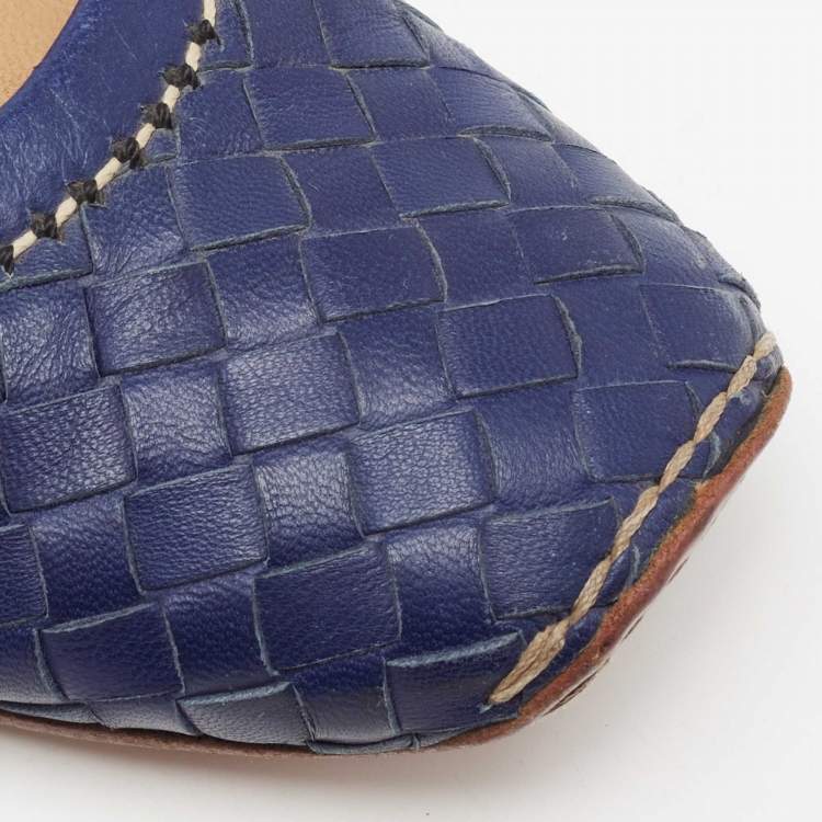 Pre Owned Bottega Veneta Indigo Blue Intrecciato Leather Ballet Flats  Size 39.5