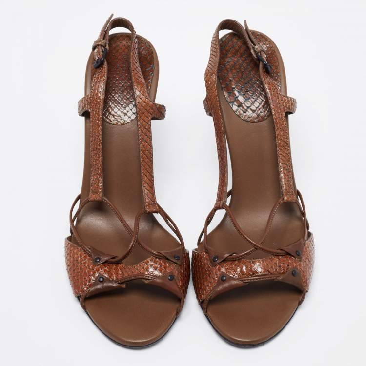 مملوكة مسبقًا Bottega Veneta Brown Snakeskin Leather Slingback Sandals Size 40