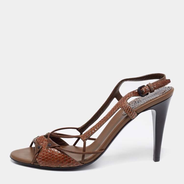 مملوكة مسبقًا Bottega Veneta Brown Snakeskin Leather Slingback Sandals Size 40