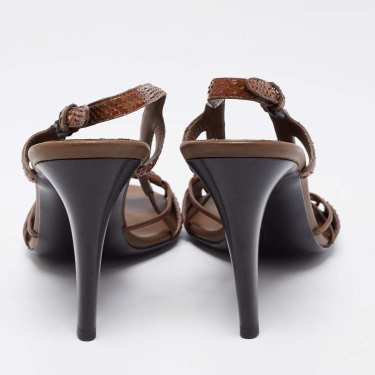 مملوكة مسبقًا Bottega Veneta Brown Snakeskin Leather Slingback Sandals Size 40