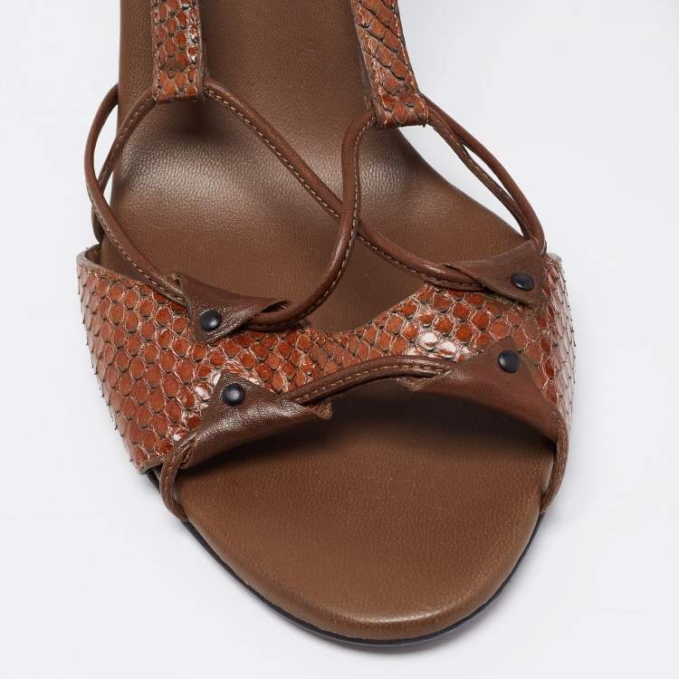 مملوكة مسبقًا Bottega Veneta Brown Snakeskin Leather Slingback Sandals Size 40
