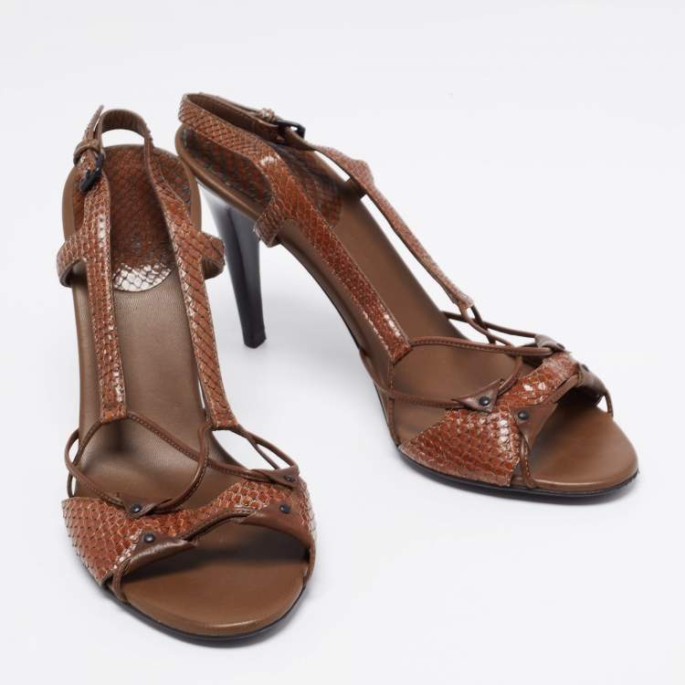 مملوكة مسبقًا Bottega Veneta Brown Snakeskin Leather Slingback Sandals Size 40
