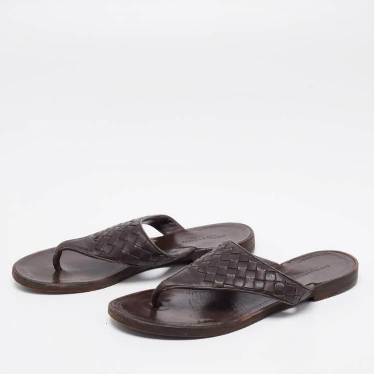 Pre Owned Bottega Veneta Dark Brown Intrecciato Leather Thong Flats Size 36