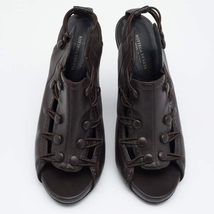 Pre Owned Bottega Veneta Dark Brown Leather Platform Sandals Size 38.5