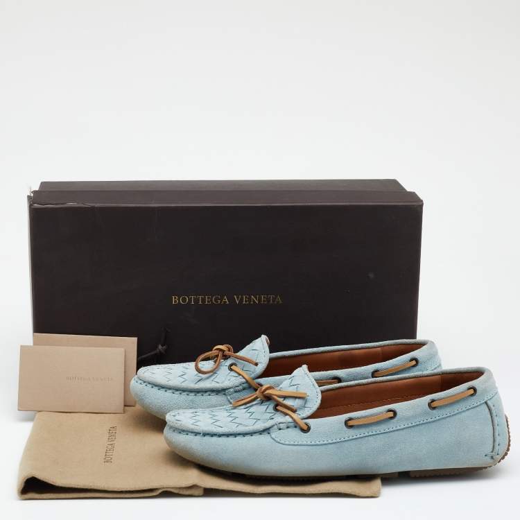 Pre Owned Bottega Veneta Blue Intrecciato Suede Bow Slip On Loafers Size 36