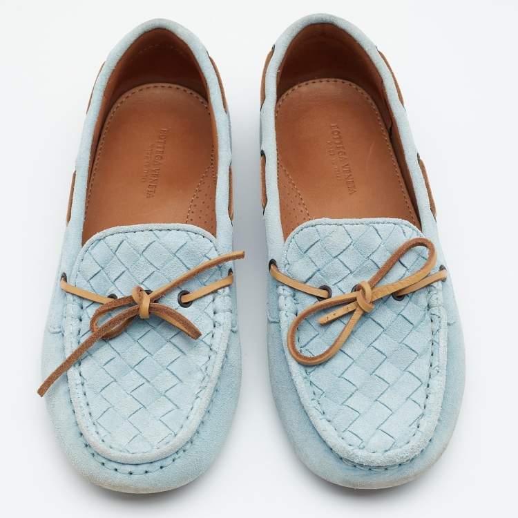 Pre Owned Bottega Veneta Blue Intrecciato Suede Bow Slip On Loafers Size 36