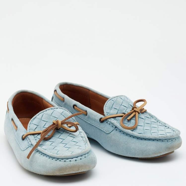 Pre Owned Bottega Veneta Blue Intrecciato Suede Bow Slip On Loafers Size 36