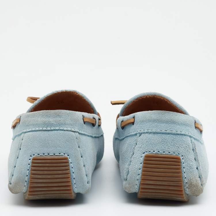 Pre Owned Bottega Veneta Blue Intrecciato Suede Bow Slip On Loafers Size 36