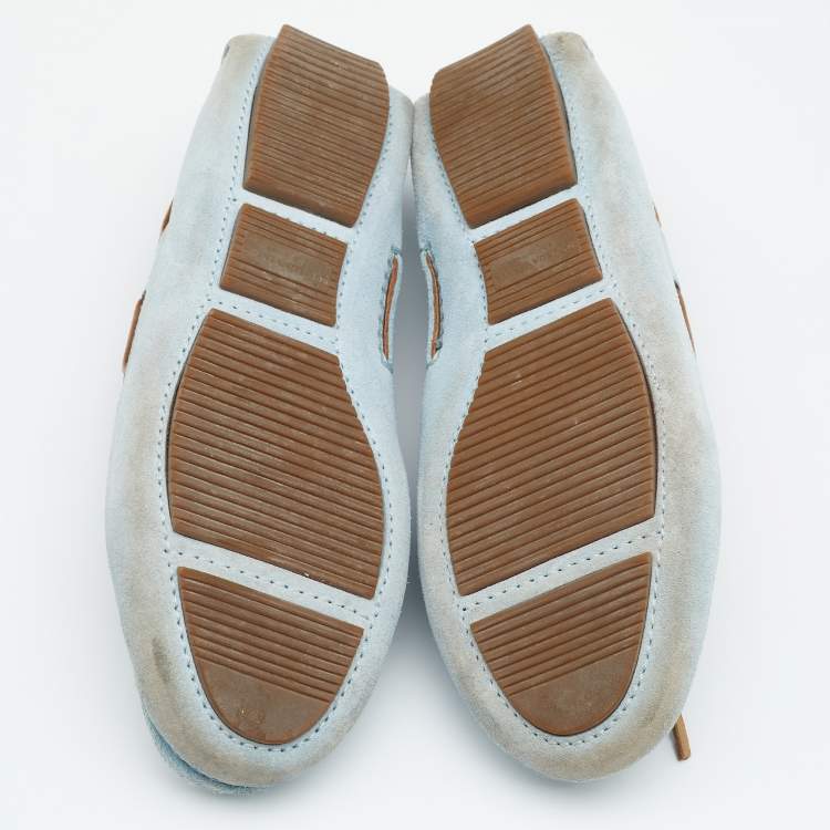 Pre Owned Bottega Veneta Blue Intrecciato Suede Bow Slip On Loafers Size 36