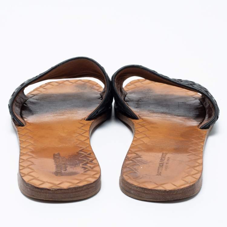 Pre Owned Bottega Veneta Black Intrecciato Leather Flat Slides Size 40